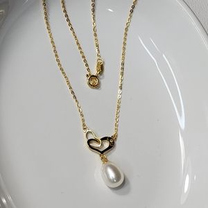 Stamped I LOVE U 18K Gold Plated Natural Drop Pearl Heart Pendant Necklace
